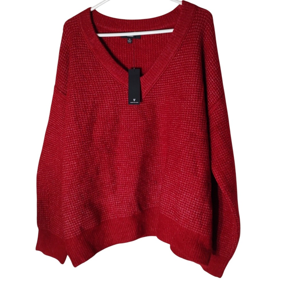 New Chunky Knit Sweater V Neck Relaxed Red Long Sleeve Womens Extra Large Tags - Picture 2 of 10
